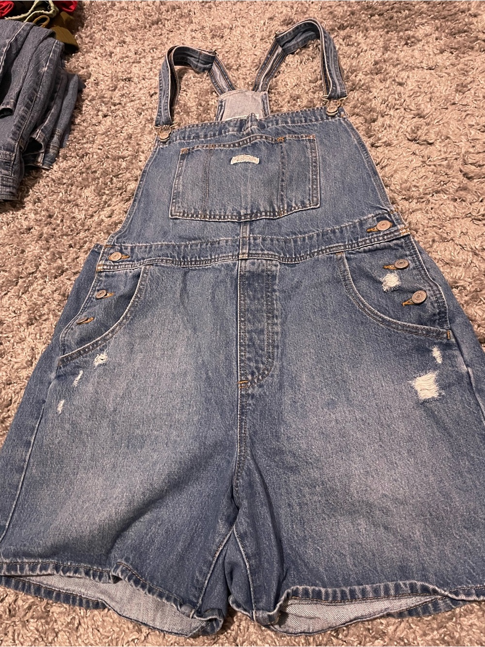 Levi Strauss ladies Overall Shorts Shortalls Large Distressed Look Bib Blue